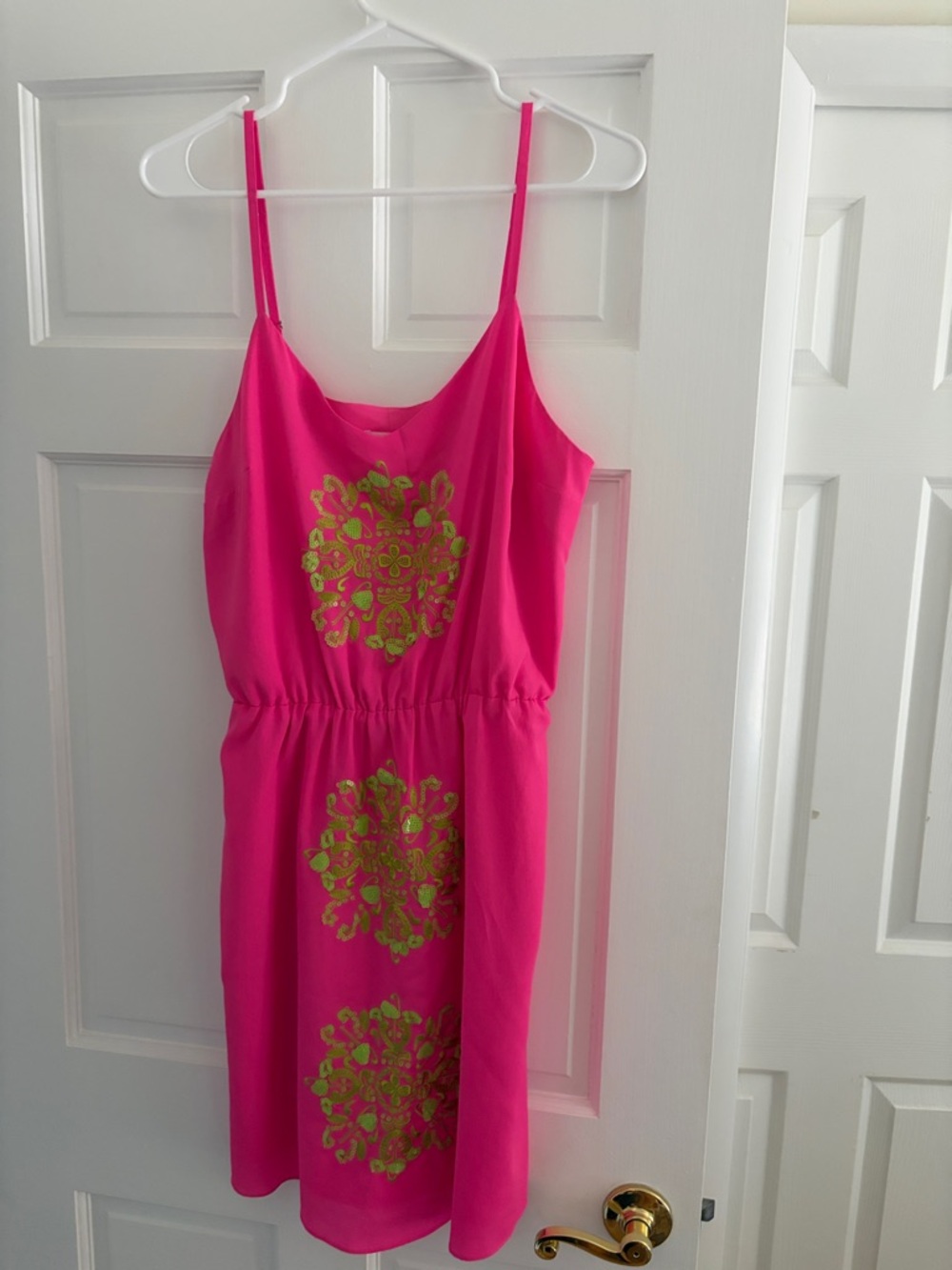Lilly Pulitzer Bright Pink Spaghetti Strap Dress with Lime Green Medallion Print